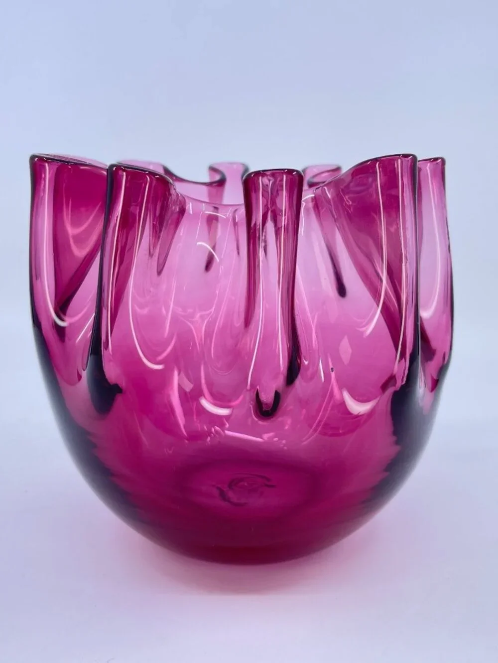 vintage pilgrim handblown art glass cranberry pink vase with ruffled edge design